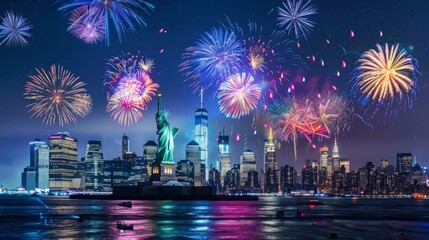 Naklejka premium Statue of Liberty illuminated by colorful fireworks on a night sky in New York City.