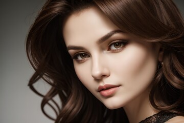 Fototapeta premium Close-up portrait of an elegant woman with wavy hair and subtle makeup, exuding beauty and sophistication against a soft background. 