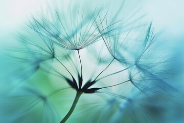 Macro shot of dandelion seed in focus amidst soft blue sky with blurred seeds floating away
