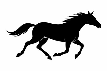 Fototapeta premium Black silhouette of a running horse isolated on a white background. Concept of wild animal illustration, minimalist style, galloping equine. Print, icon, logo, template, pictogram, element for design