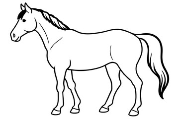 Black and white outline of a horse isolated on a white background. Concept of a wild animal illustration, minimalist style, equestrian theme. Print, icon, logo, element for design. Coloring book.