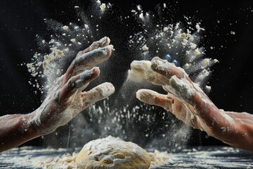 Fototapeta premium Hands Kneading Dough with Flour Splash on Black Background - Baking Concept CloseUp