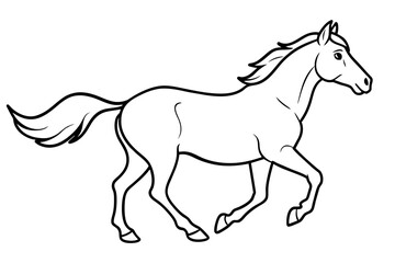 Black and white outline illustration of a running horse isolated on a white background. Concept of wild animal illustration, minimalist style. Print, icon, logo, element for design