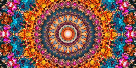 Kaleidoscopic geometric pattern, bold colors, radial symmetry, intricate details, bird's eye view, high contrast, vibrant energy, ultra-high-definition, psychedelic art style
