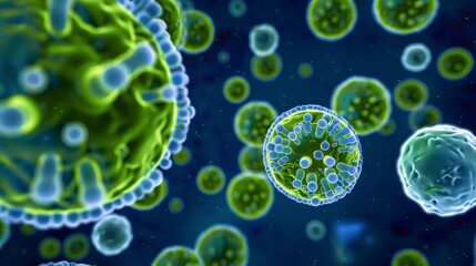A closeup of green and blue micro cells floating in the air