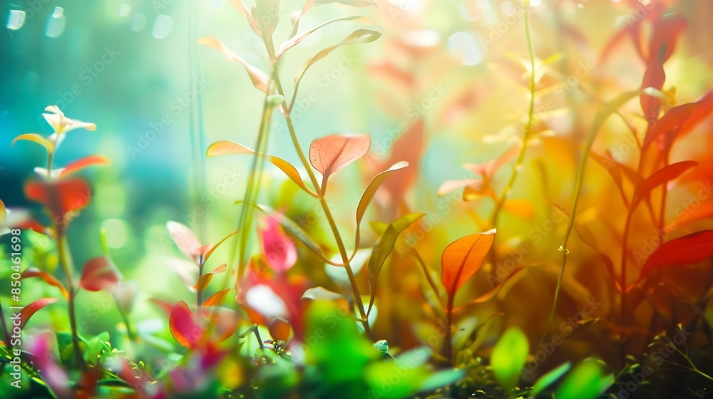 Wall mural Colorful planted aquarium tank Aquatic plants tank Dutch inspired aquascaping with colorful aquatic stem plants Aquarium garden selective focus with blur motion of fish swiming : Generative AI