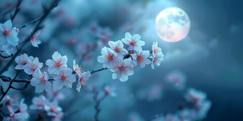 Japanese cherry blossoms, moonlit night, soft glow, high resolution, tranquil and ethereal, delicate petals, serene nighttime beauty, peaceful atmosphere