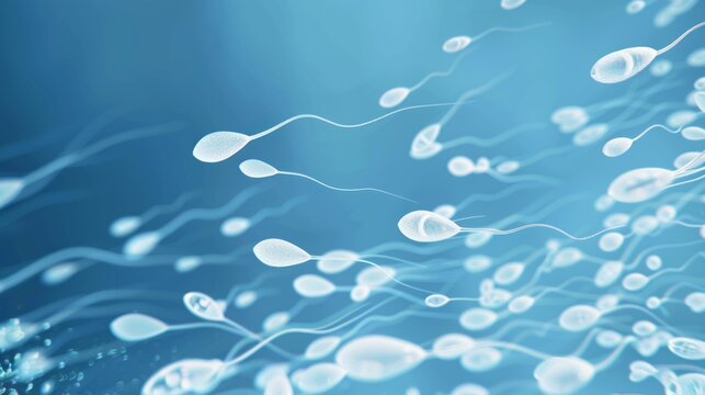 A blue background with white sperms flowing in the air