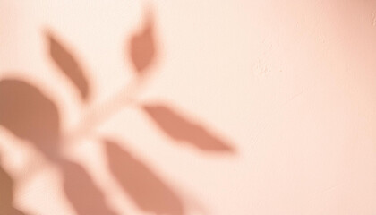 Fototapeta premium Abstract plant and leaves shadow blurred background. Natural leaves tree branch pink rose gold shadows and sunlight dappled on white concrete wall texture for background wallpaper and any design