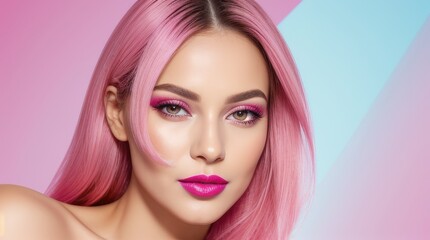 Fototapeta premium A close-up portrait of a glamorous woman with pink hair and matching makeup, set against a pastel background, exuding style and elegance. 