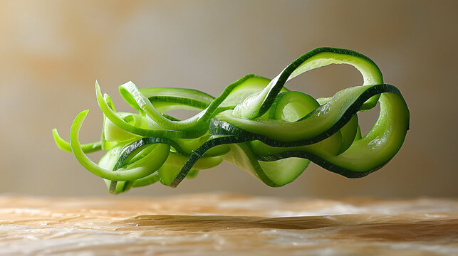 A single zucchini spiralized into long, green ribbons floats elegantly against a light brown background. - Powered by Adobe