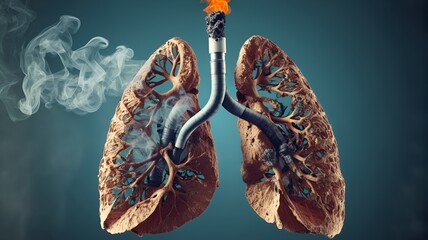 A detailed illustration depicting human lungs with smoke and burning effects, symbolizing the harmful impact of smoking on health.
