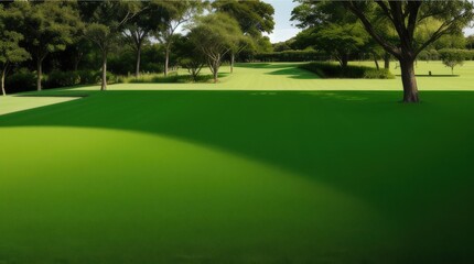 Fototapeta premium Green Golf Course with Trees and Shadows 