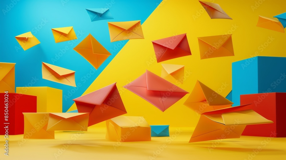 Poster colorful envelopes in various shapes float on gradient background, showcasing minimalist design