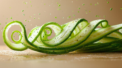 A single zucchini spiralized into long, green ribbons floats elegantly against a light brown background.