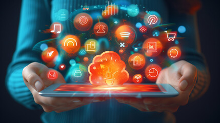 Person Holding Tablet With Icons Representing Ideas and Innovation