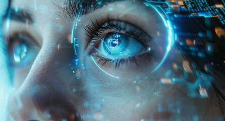Close-up of a woman's eye with a digital interface overlay, highlighting futuristic technology, data visualization, and augmented reality.