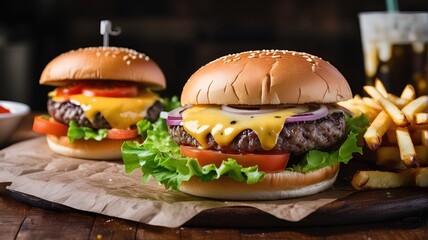 Delicious Cheeseburgers with Fries and Drink

