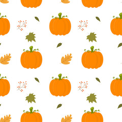 Seamless pattern with pumpkins, leaves and berries. Autumn print. Vector illustration, flat style.