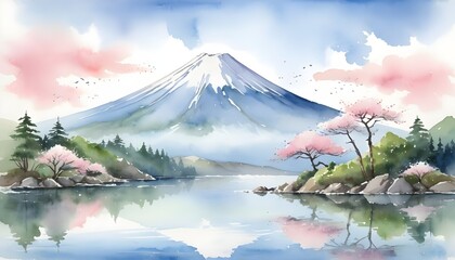 Serene watercolor painting of the iconic Mount Fuji, its snow-capped peak reaching towards a cloudless, azure sky.