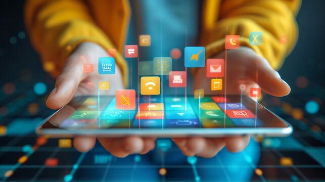 Person Holding Tablet With Colorful App Icons - Powered by Adobe