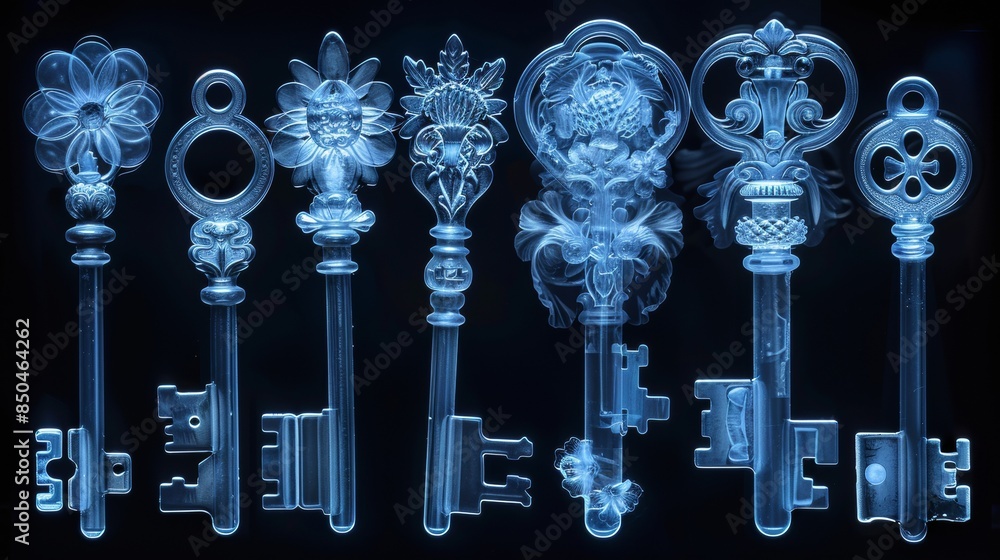 Poster x-ray scan of a collection of antique keys, showcasing the intricate designs and shapes.
