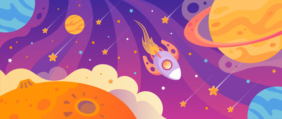 A rocket flying among planets and stars. Space landscape, shuttle, UFO, future. Cute baby horizontal illustration in vintage style. For childrens, posters, postcards, banners, design elements. © Любовь Кондратьева