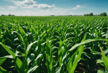 A lush green cornfield under a bright blue sky with scattered clouds.