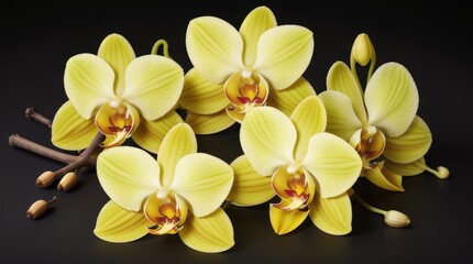 Obraz premium Elegant yellow orchids with intricate petals arranged on a dark background, highlighting their delicate beauty and vibrant color. 