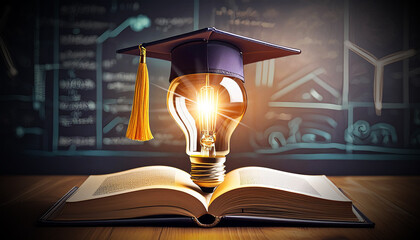 Close-up of a bright light bulb wearing a graduation cap above an open book at school with a chalkboard on background. Education, learning on school and university or idea concept. Generative Ai.