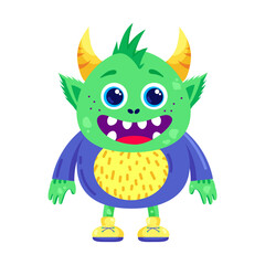 Cute monster character in cartoon flat style isolated on white background.Fanny children's character monster alien with horns and sneakers.Print,poster,sticker.Vector illustration