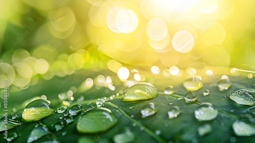 Poster large beautiful drops of transparent rain water on a green leaf macro drops of dew in the morning gl