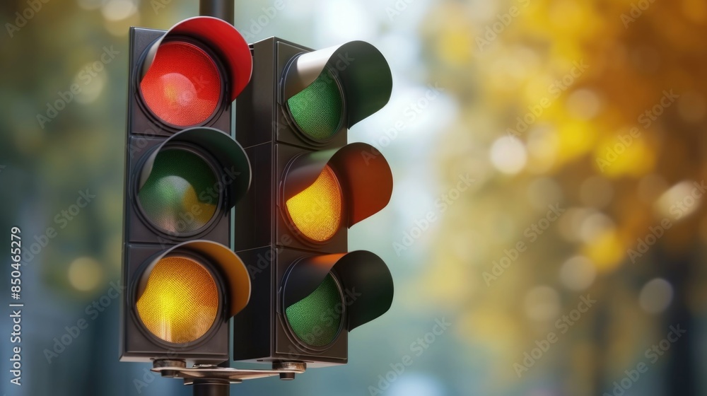 Poster a close-up view of a traffic light with trees behind, suitable for use in urban or environmental sce