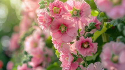 Fototapeta premium A bouquet of pink flowers with green leaves