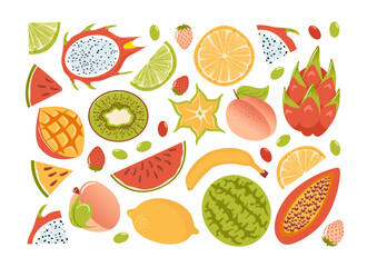 Set of exotic summer tropical fruits. Fresh lemon, lime wedges, watermelon, dragon fruit, star fruit, papaya, mango and kiwi, strawberries. Healthy food. Peach Fuzz. Veganism, vegan day.