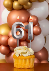 Birthday candle number 61 - Celebration balloons background
