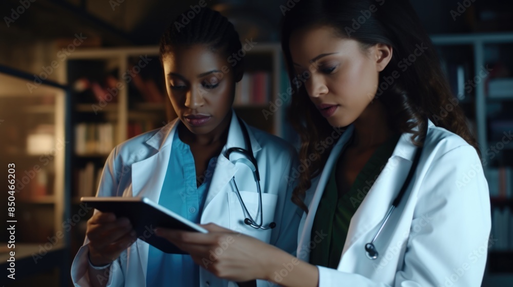 Poster two scientists in lab coats analyzing data on a tablet, possibly discussing research findings