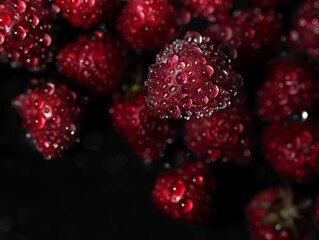 Image of strawberries on a black background with water drops.