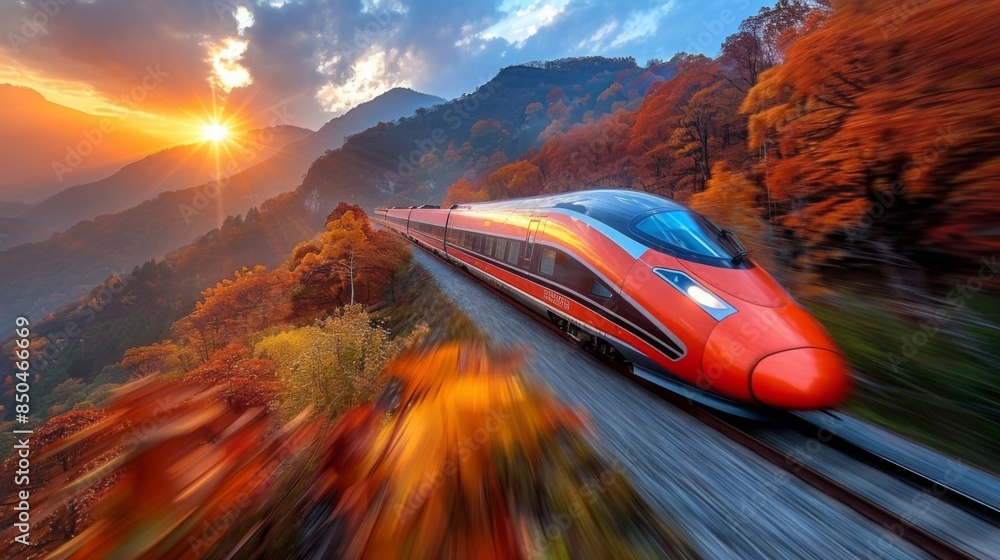 Poster showcase the efficiency of modern travel with photos of a high-speed train whizzing by, its sleek de