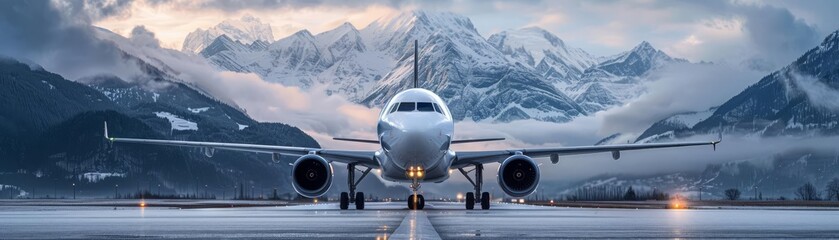 Commercial airplane parked on a runway with majestic snowcapped mountains in the background, blending aviation and nature, scenic view