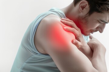 A man in pain holding his shoulder with a red spot indicating injury or discomfort in the shoulder area, wearing a light blue tank top.