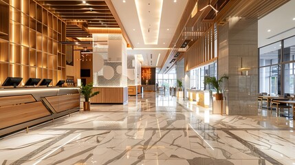 Light wooden and marble tile floor interior of modern cafe with double ceiling height Lobby bar in luxury design hotel hall with second split level : Generative AI