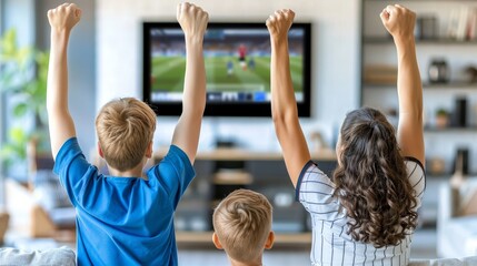 Family of three celebrating soccer goal at home in front of tv screen showing match highlights