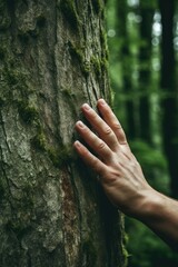A person reaching out to touch a tree trunk in a peaceful forest setting, perfect for use as a background or symbol of connection with nature