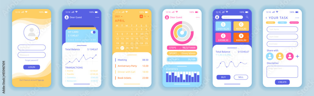 Aufkleber app ui. phone screen interface application. account login. smartphone call and message. cellphone fi