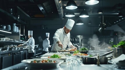 Famous Chef of a Big Restaurant Prepares Dishes with His Help of Cooks Modern Kitchen is Made of Stainless Steel and Full of Cooking Ingredients : Generative AI