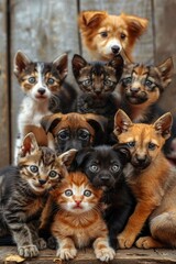 Assorted cats and dogs group studio portrait on neutral gradient background with copy space