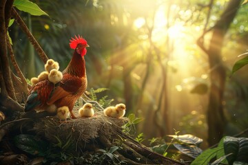 Mother hen with chicks in a picturesque natural setting, farm animals in serene countryside