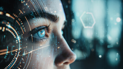Close-up of a woman's eye with a high-tech digital interface overlay, showcasing advanced technology, futuristic data visualization, and augmented reality.