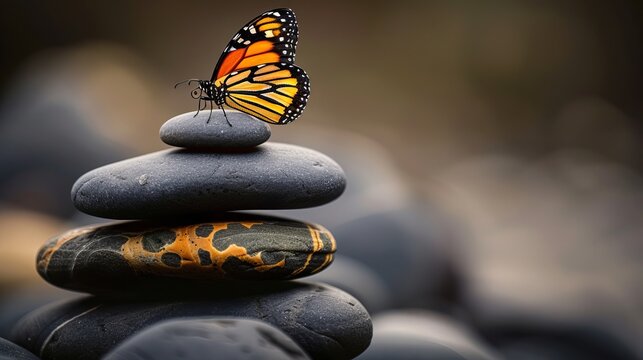 A butterfly on a pile of stones is a surreal scene. It's a reminder that nature and technology can be in harmony. The calm and peace of nature can help us relax and live more balanced lives.